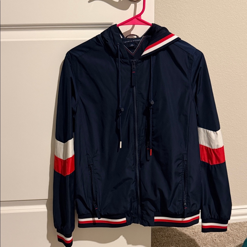Tommy Hilfiger Dark Blue Windbreaker with Red and White Stripes